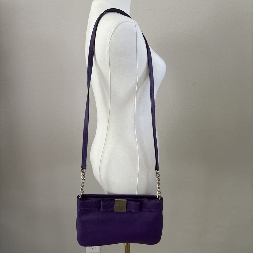 Kate Spade New York Purple Leather Bow Crossbody Bag Gold Chain Polka Dot - Picture 3 of 12